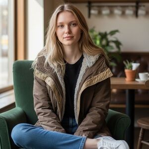 TOPSHOP Faux-Fur Lined Utility Jacket – Brown Hooded Parka. Warm & lightweight!